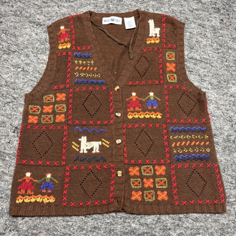 Vintage Y2K White Stag Llama Novelty Knit Sweater Vest Brown XL Embroidered